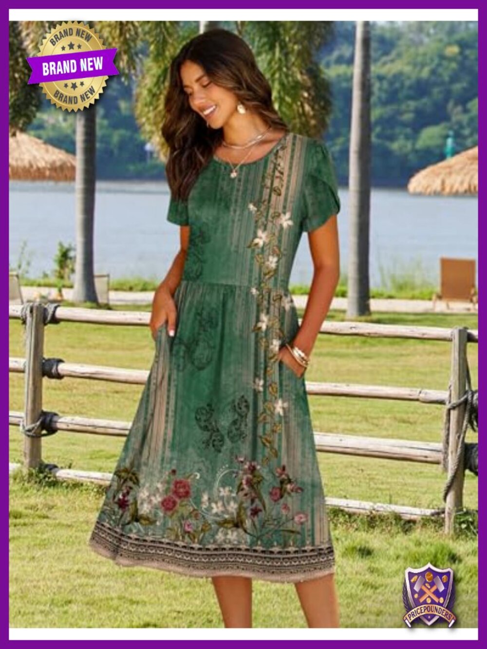 A-Line Midi Dress with Pockets Flowy Short Sleeve T-Shirt Dress - Picture 2 of 6